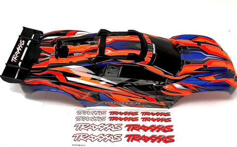 RUSTLER 4x4 BODY Shell (Blue, Orange & Red Cover Shell decals clipless mount VXL 67076-4