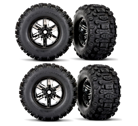 X-MAXX Ultimate Wheels & Tires (BLACK CHROME Assembled Belted (set 4) Traxxas 77097-4