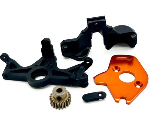 Raptor R Ultimate MOTOR MOUNT cover, orange plate & pinion gear 20t 101177-4