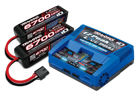 4s Completer Pack (2997): 1 x EZ-Peak Live Dual High Output Charger & 2 x X-maxx 4s 6700 4-cell 25c Lipo Batteries
